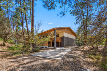 Fototapeta premium A small house sits in the forest surrounded by trees