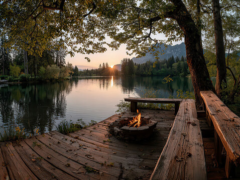 Wide lake view, wooden deck with fire pit, rustic benches, lush green trees, spring foliage, forested hills, gentle water ripples, golden sunset lighting, calm atmosphere, cinematic dep - AI-Generated