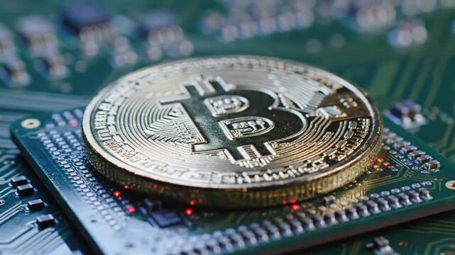 Explore macro view of golden bitcoin on microchip in detail showing technology and finance connection in modern digital world