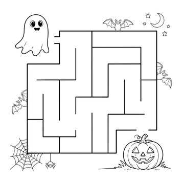 Spooky halloween maze puzzle for kids with ghost bat and jack o lantern