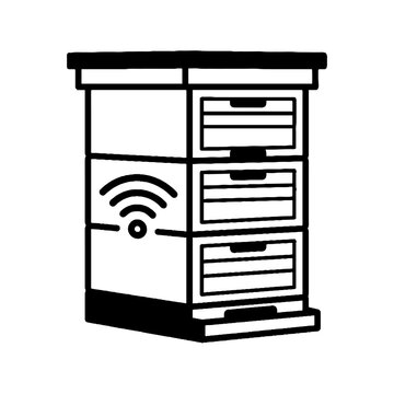 Smart beehive with Wi-Fi signal icon, a black and white vector line art illustration representing modern beekeeping technology