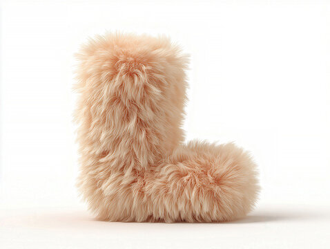 A 3D rendered cartoon style boot, made of furry material and angled on a white background Light, off-white or cream in color with detailed texture, showcasing both top and side profile - AI-Generated