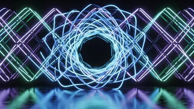 Modern abstract light tube wall dance performance with cool colors in a studio setting at night
