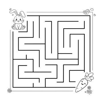 Black and white rabbit maze game for kids printable worksheet with coloring