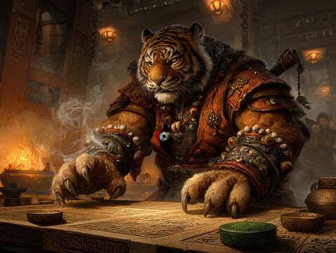 A fierce tiger-humanoid, clad in crimson and obsidian armor, stands upright over a war table Prophetic visions burn in the air, while small figures attend in the background of this ric - AI-Generated