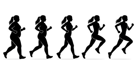 Fototapeta premium Evolution of female body slimming down while running. Body stage progress infographic silhouette
