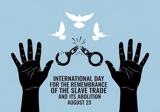 Hands breaking chains with dove symbolizing freedom and abolition on International Day for Slave Trade Remembrance