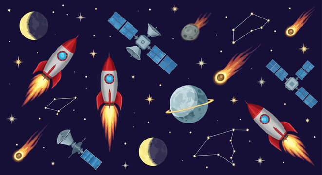 Colorful illustration of rockets and satellites in space with planets and stars.