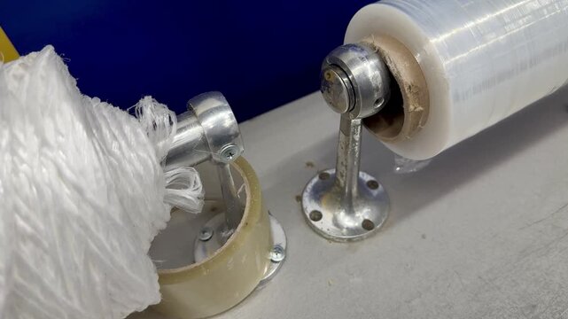 Transparent film white rope on counter showcasing closeup of dispenser with clear stretch film and dense white twine spool ready