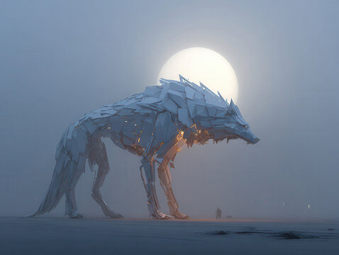 Robot wolf on sandy terrain during twilight, with a large moon in the background Realistic robot design with fur textures and metallic materials Four legs, pointed ears, sharp teeth, - AI-Generated