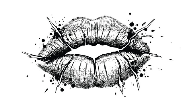 Black and white illustration of lips with thorns and splatters on white background