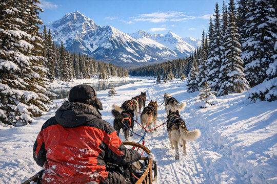 A person sits atop a sled pulled by a pack of husky dogs through a winter wonderland