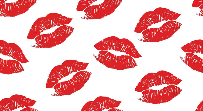 Vibrant red lips print pattern on white background, kiss marks texture