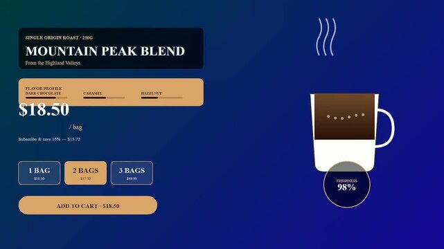 A digital shoppable video overlay showcases an interactive coffee product menu with price buttons and dynamic ingredient indicators layered over a smooth gradient motion graphic interface design