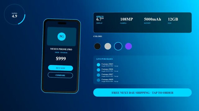 A digital shoppable video overlay displays mobile device specifications with a smooth glowing blue gradient interface while interactive purchase buttons and colorful selection circles appear clearly