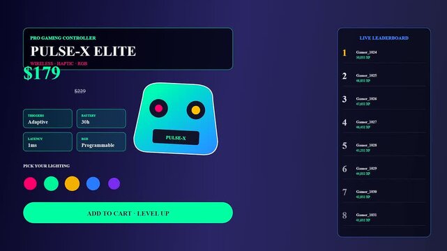 Displaying a shoppable video overlay interface showing product specifications and gaming statistics with interactive buttons and a leaderboard list on a dark gradient web layout interface