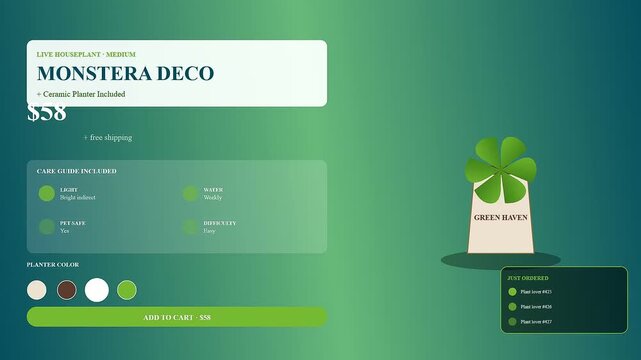 a shoppable video overlay display showcases indoor vegetation with interactive purchasing interface featuring price information and plant care details in a smooth three part animated sequence