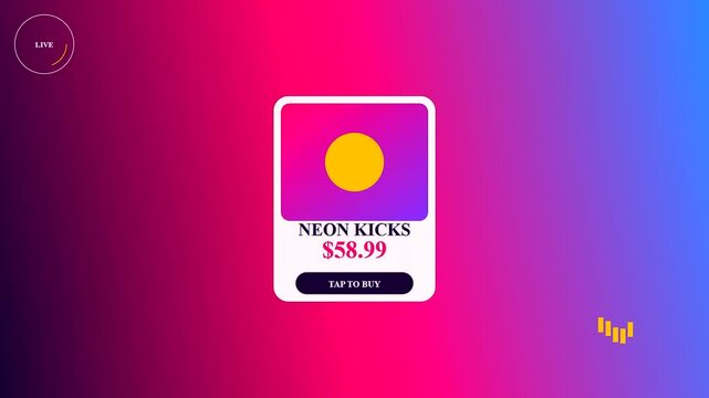 A vibrant shoppable video overlay displays modern digital commerce elements with an interactive user interface button for mobile phone sales in a seamless looping motion design