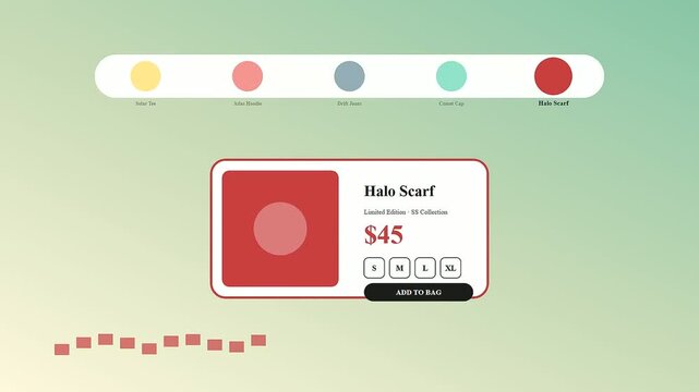 Minimalist shoppable video overlay interface showing product selection screens with color palettes and pricing modules displayed in a clean user experience design for digital fashion retail