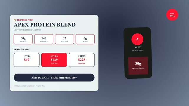 This shoppable video overlay features a modular user interface panel showing product purchase options with red promotional pricing buttons against a dark gradient studio backdrop