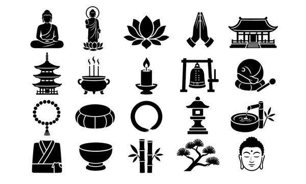 Japanese Buddhist Temple and Statue Icon Set