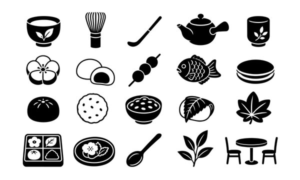 Japanese Wagashi Sweets and Matcha Tea Icon Set