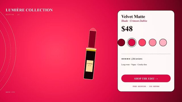 A digital shoppable video overlay displays luxury lipstick product information with animated circular color swatches and interactive purchase buttons on a vibrant fuchsia pink gradient canvas