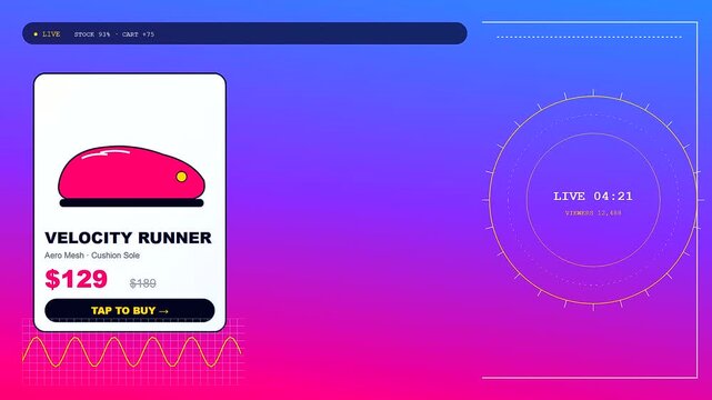 A shoppable video overlay showcases stylized footwear product cards in a digital interface featuring vibrant gradients and interactive elements for modern mobile retail commerce user experiences