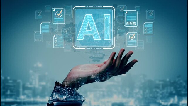 Futuristic Hand Reaching for AI Technology in Urban Environment with Digital Elements and Symbols Representing Intelligence and Innovation Sigmoid