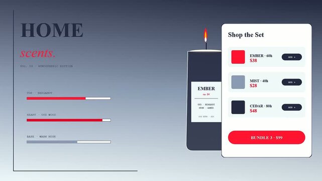 A shoppable video overlay displays minimalist product menus with interactive pricing buttons and animated scent progression bars set against a subtle dark gradient aesthetic mood backdrop