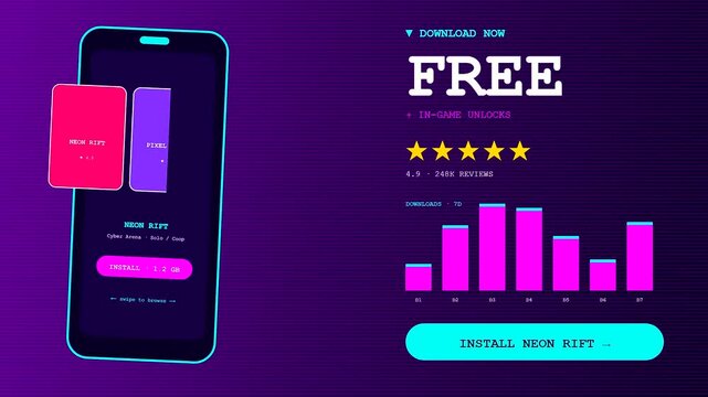 A digital shoppable video overlay displays mobile app interface interactions featuring pink ui cards and bar graphs for modern gaming software promotion on smartphone screens