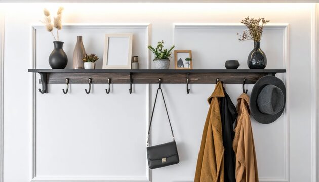 A wall-mounted shelf with hooks displays decor and hanging coats