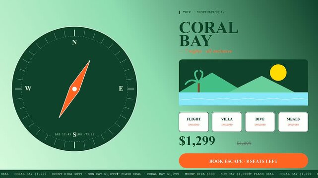 A digital shoppable video overlay displays vacation package details including tropical beach illustrations and compass icons for a modern user interface experience on mobile devices