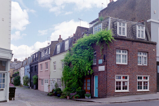 Charming London Mews With Colorful Houses, shot on film