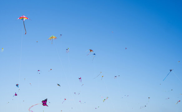 Colorful kites flying high in clear blue sky on a sunny day