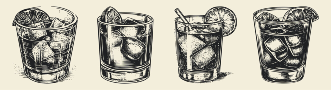 Four stylish glassware containers filled with cold beverages, ice cubes, and citrus slices for a refreshing summer drink or social gathering, black-and-white style.