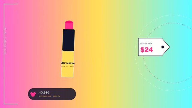 A vibrant shoppable video overlay displays luxury cosmetics with animated reaction counters and interactive purchase tag icons for modern retail digital engagement and social commerce promotion