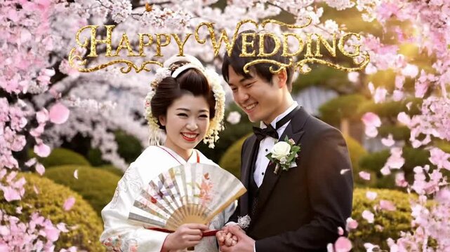 Happy wedding celebration between a couple at a cherry blossom park during springtime in Japan with friends and family present
