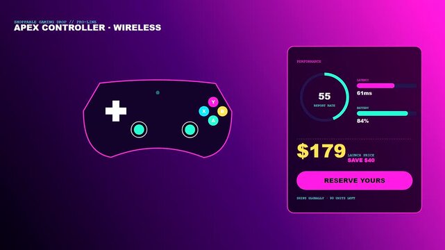 A shoppable video overlay demonstrating interactive e commerce interfaces for modern gaming gear featuring dynamic data charts and purchase buttons within a vibrant digital interface layout