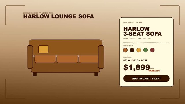 A shoppable video overlay displays furniture item options for digital buyers interested in interior design elements shown across three sequential frames with changing inventory count numbers