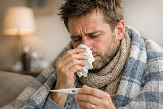 Man sick with cold, holding tissue and thermometer. Wrapping scarf around neck. Blanket draped over shoulders. Sitting on couch indoors. Holding thermometer in one hand. Nose covered by tissue