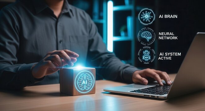 Person interacting with AI brain cube and neural network system activation