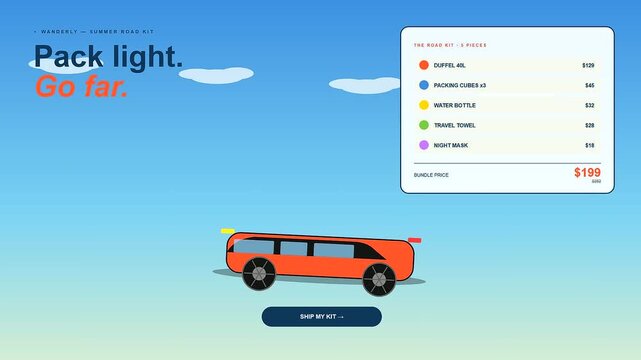 A digital shoppable video overlay displays an orange car animation moving across a gradient blue sky background featuring a price menu list of camping gear items