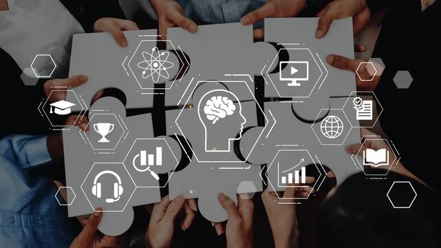 Collaborative Teamwork to Solve Puzzles with Brain and Education Icons Representing Knowledge Sharing and Innovation in a Modern Environment Gluon.