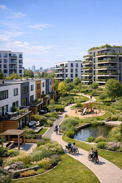 A contemporary residential building with a landscaped courtyard featuring seating areas, a pond, and a play area for children. People are enjoying the outdoor spaces on a sunny day.