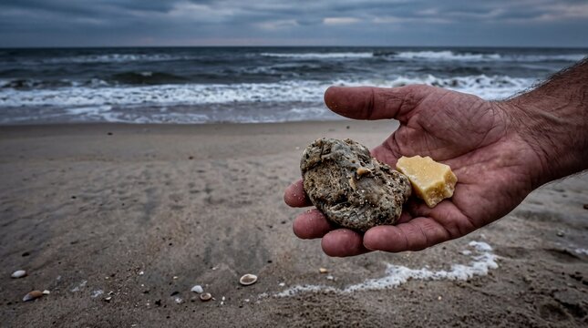 natural beach treasures, a close-up of ambergris and wax resting on sandy beach with ocean waves