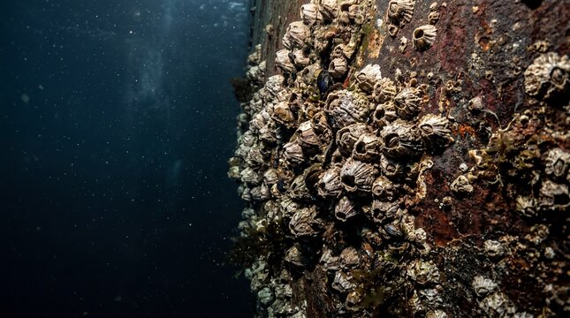 marine ecosystems, close-up of barnacles clinging to a ship hull, highlighting textures and ocean challenges
