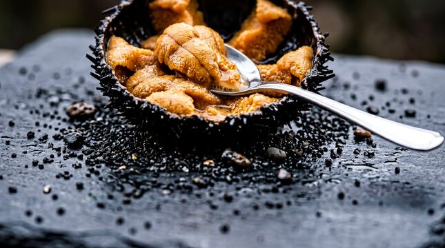 gourmet cuisine, close-up of vibrant sea urchin roe resting on a silver spoon