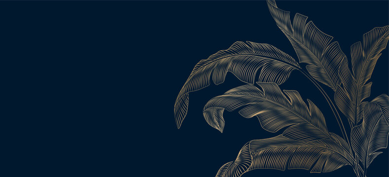 Luxurious art backdrop with tropical leaves in a gold line style. A botanical banner for decor, wallpaper, packaging, textiles, and interiors.
