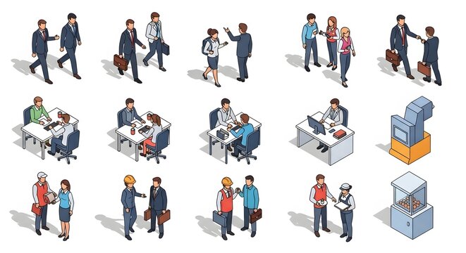 Isometric corporate business people office workflow elements characters pack vector